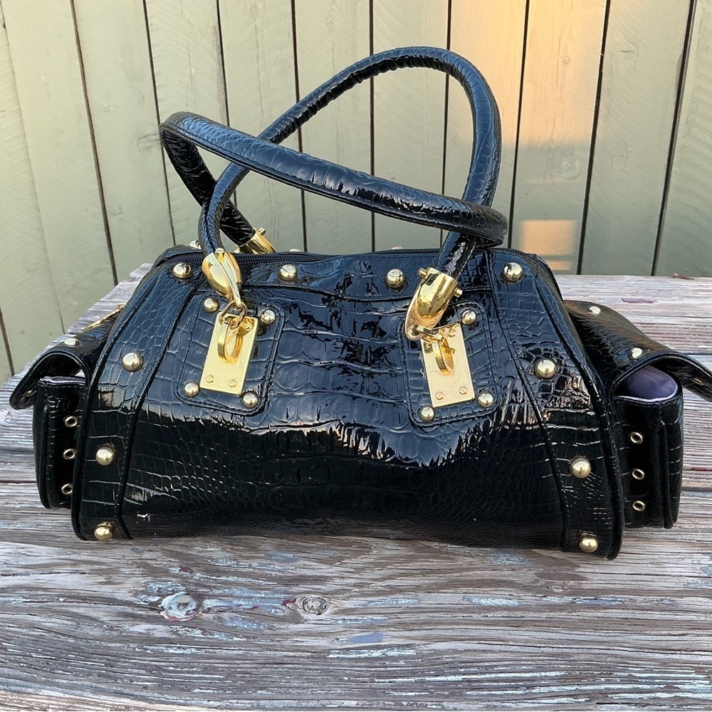 Vintage Calla 90’s Snake Pattern Patent Studded Faux Purse Black Satchel Hand Bg - Picture 1 of 15
